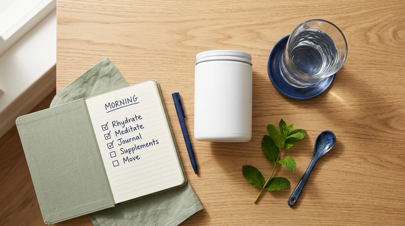 Healthy morning routine with Alpha Drive supplement, glass of water and checklist